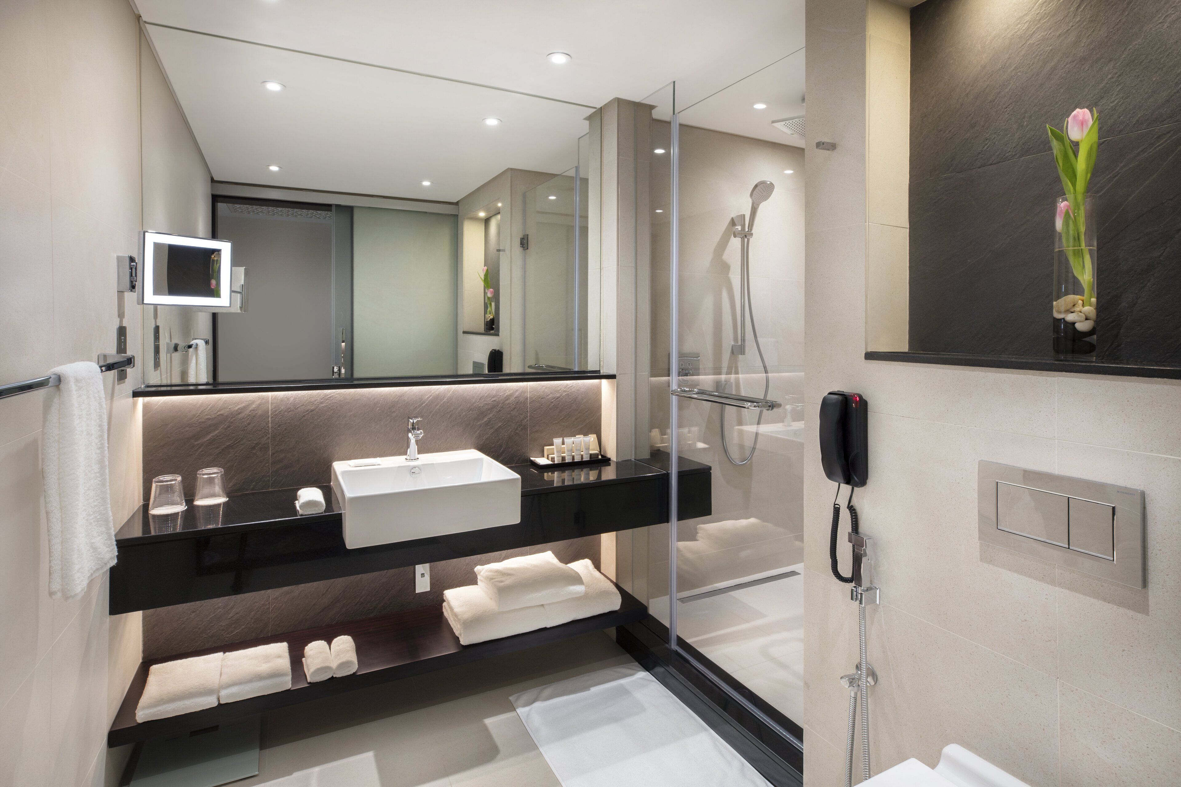 shower, free toiletries, hair dryer, towels