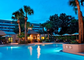 Outdoor pool, open 6:00 AM to 11:00 PM, pool umbrellas