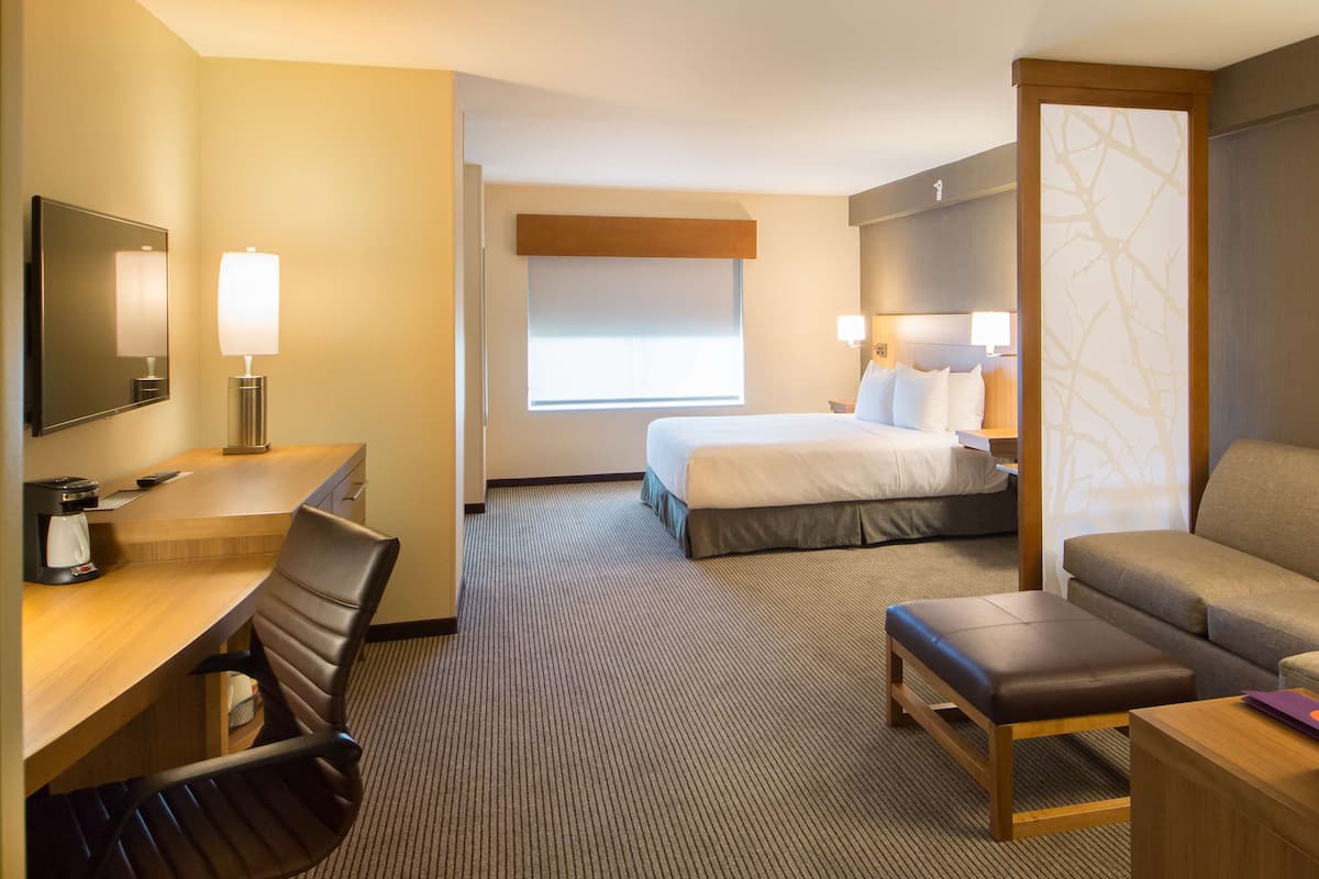 A hotel room with a bed, a desk, a chair, a sofa, and a TV.