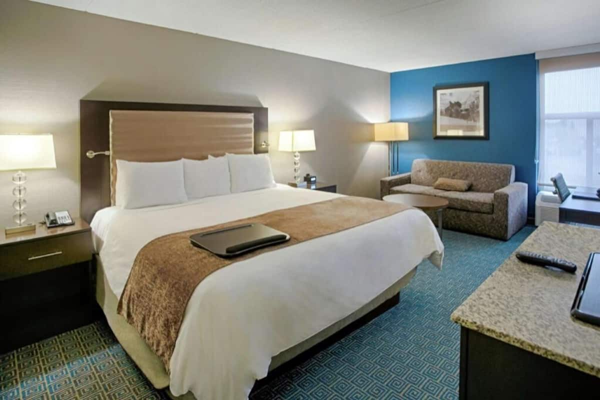 A hotel room with a large bed, a sofa, a desk, and a chair.