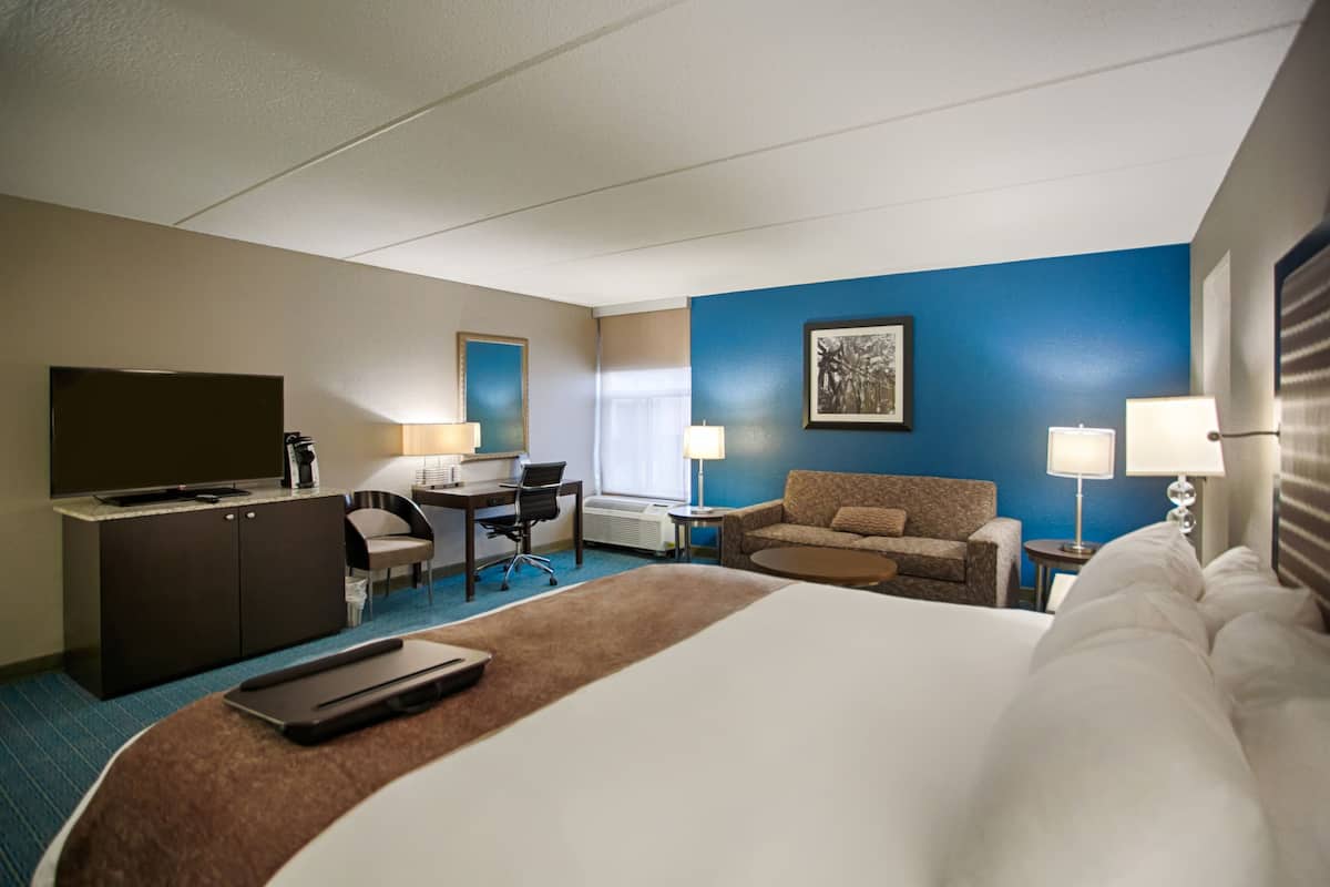 A hotel room with a large bed, a desk with a chair, a sofa, and a television.