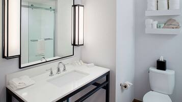 A modern bathroom with a white sink, two mirrors, a glass shower enclosure, a toilet, and a shelf with toiletries.