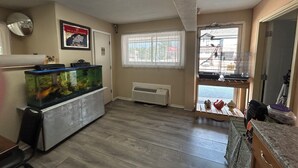 Une pièce avec un grand aquarium, une affiche encadrée, un radiateur et une fenêtre avec des stores.