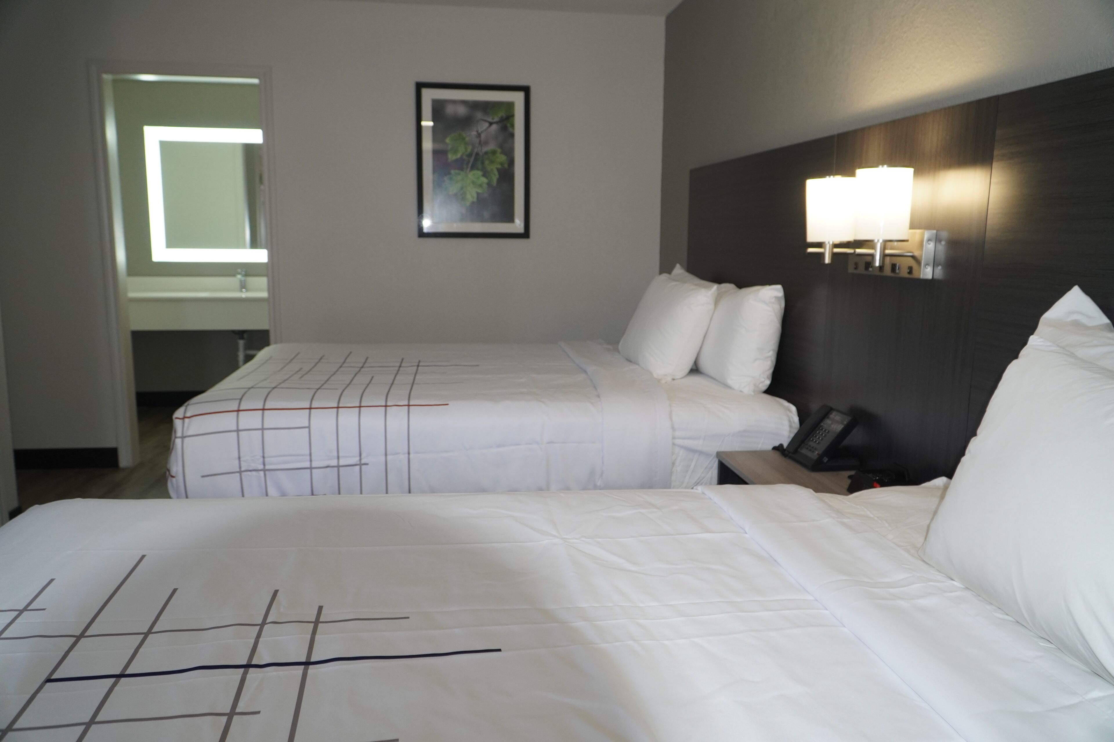 Een hotelkamer met twee bedden, een nachtkastje met een telefoon, een lijst met afbeelding en een spiegel met verlichting erboven.