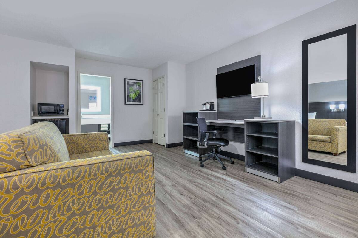 A modern hotel room with a sofa, a desk, a chair, a TV, and a bookshelf.