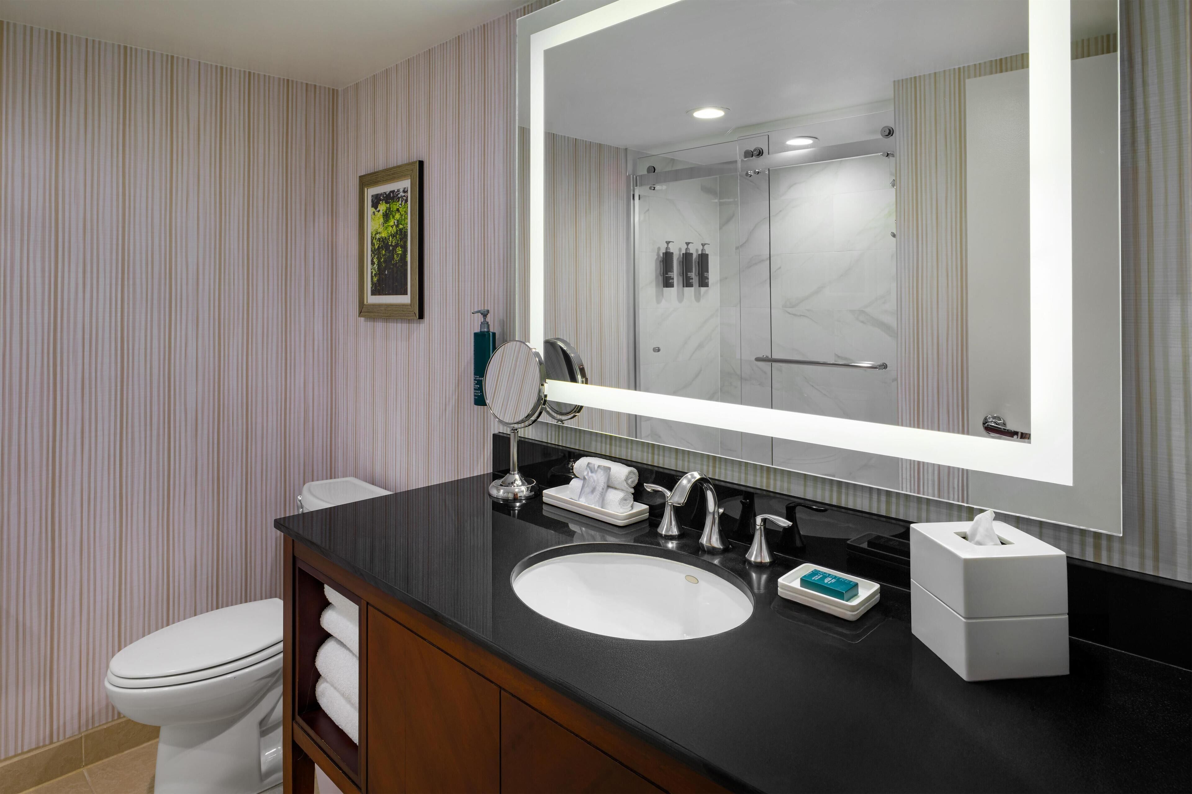 Un baño moderno con un espejo grande, un lavabo y un inodoro.