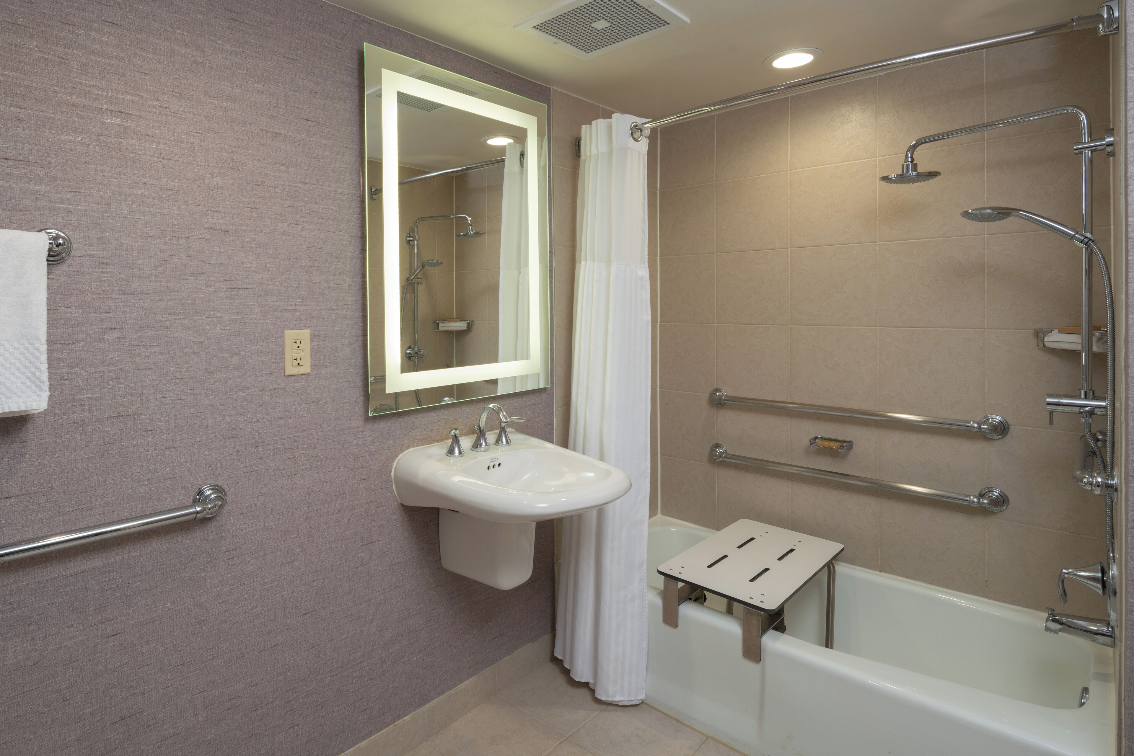 Une salle de bain équipée d’un lavabo, d’un miroir, d’une douche et de barres d’appui.