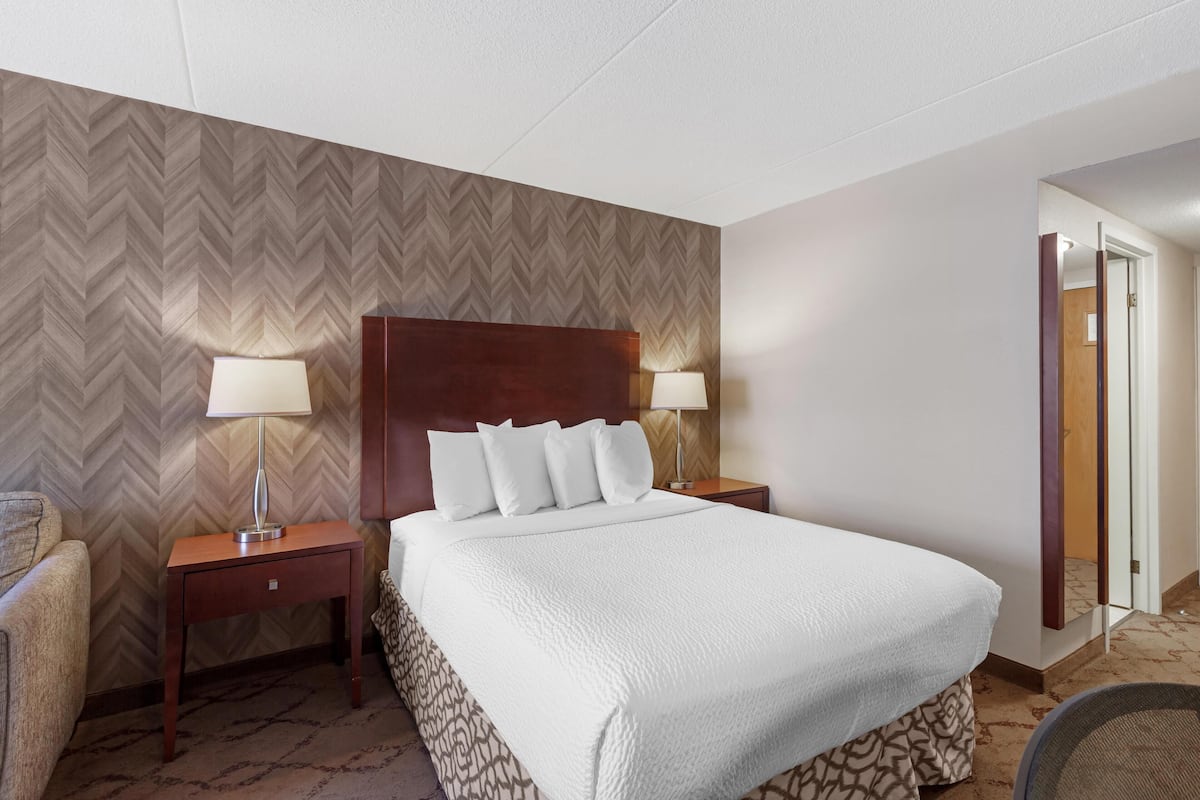 Ein Hotelzimmer mit einem großen Bett, zwei Nachttischen mit Lampen, einem gemusterten Teppich und einer Wand mit Zickzackmuster.