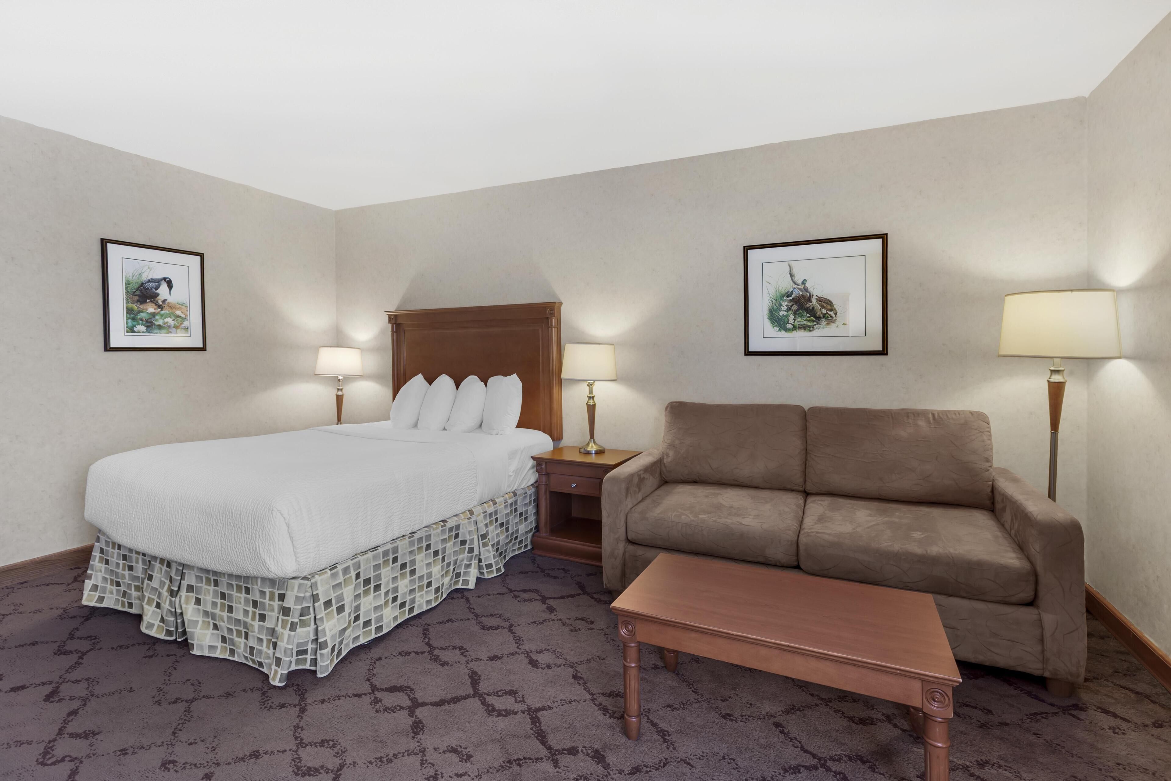 Habitación de hotel con cama, sofá marrón, mesita de noche de madera, dos lámparas de pared y dos cuadros en las paredes.