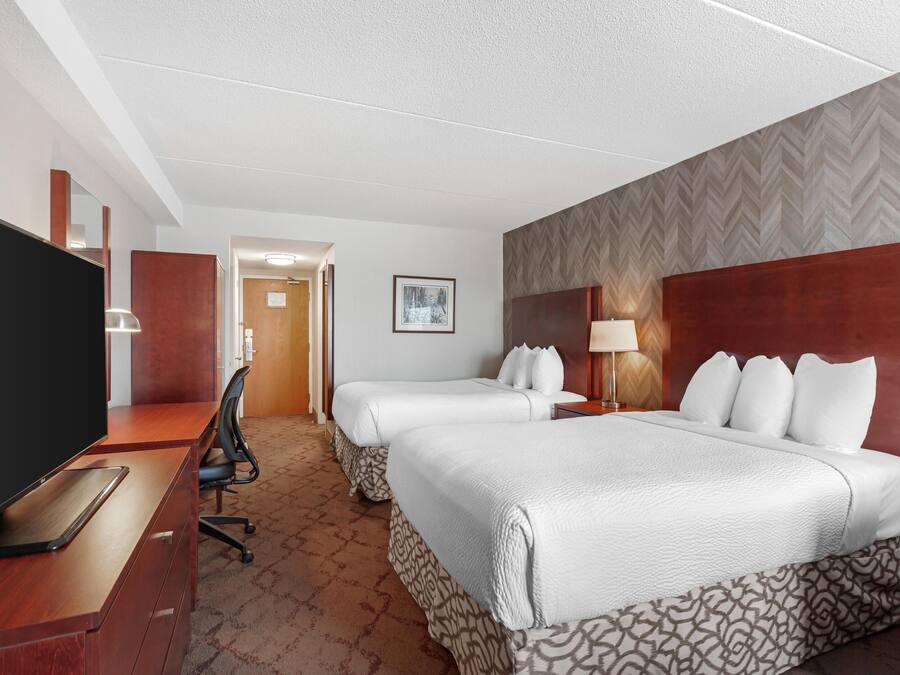 Habitación de hotel con dos camas, un escritorio, un televisor de pantalla plana, una silla y una alfombra estampada.