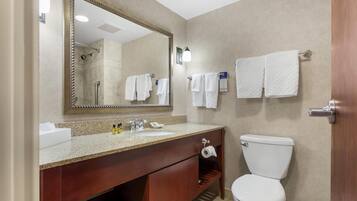 Un bagno con uno specchio grande, un lavandino, un water e diversi asciugamani appesi al muro.