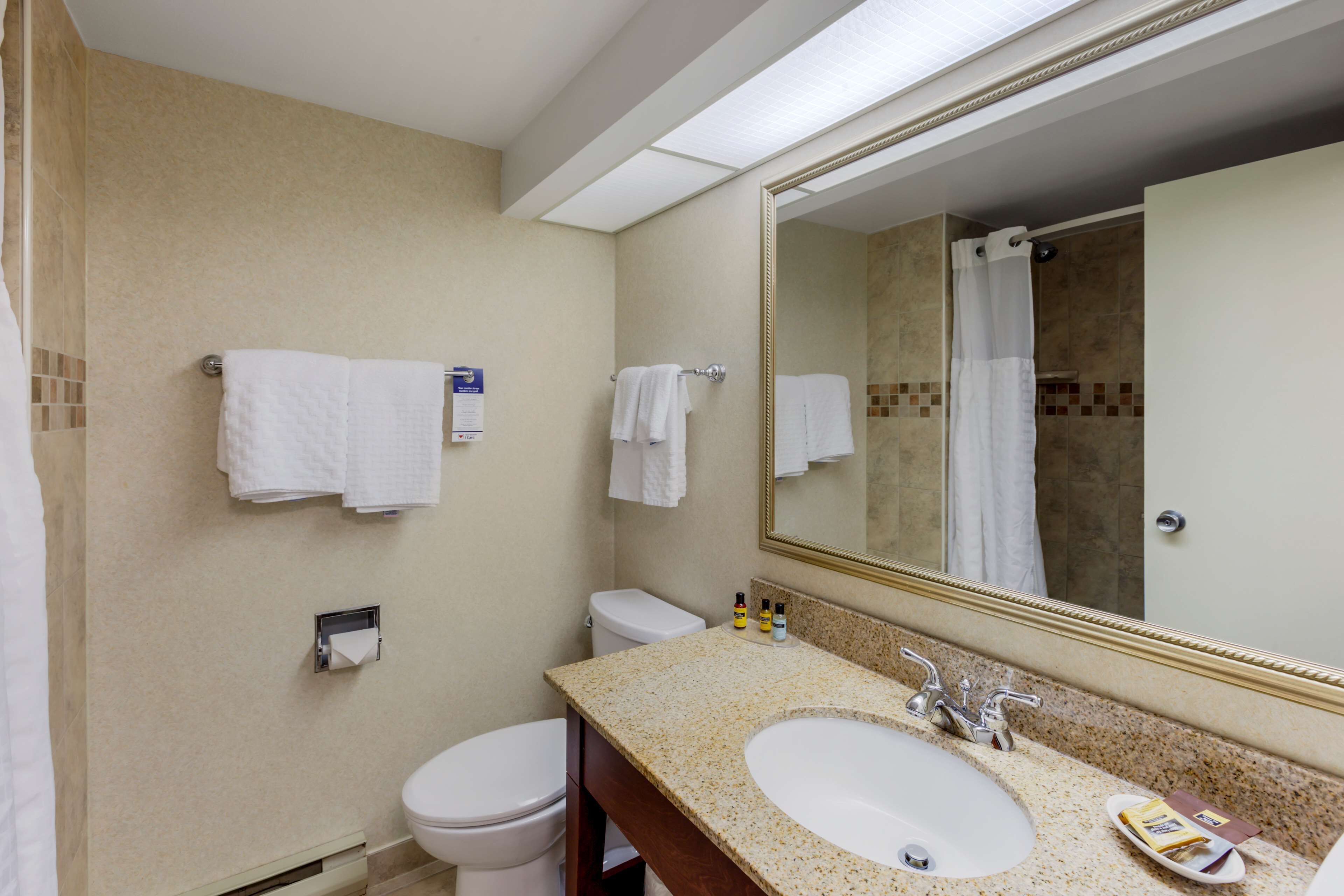 combined shower/bathtub, free toiletries, hair dryer, towels