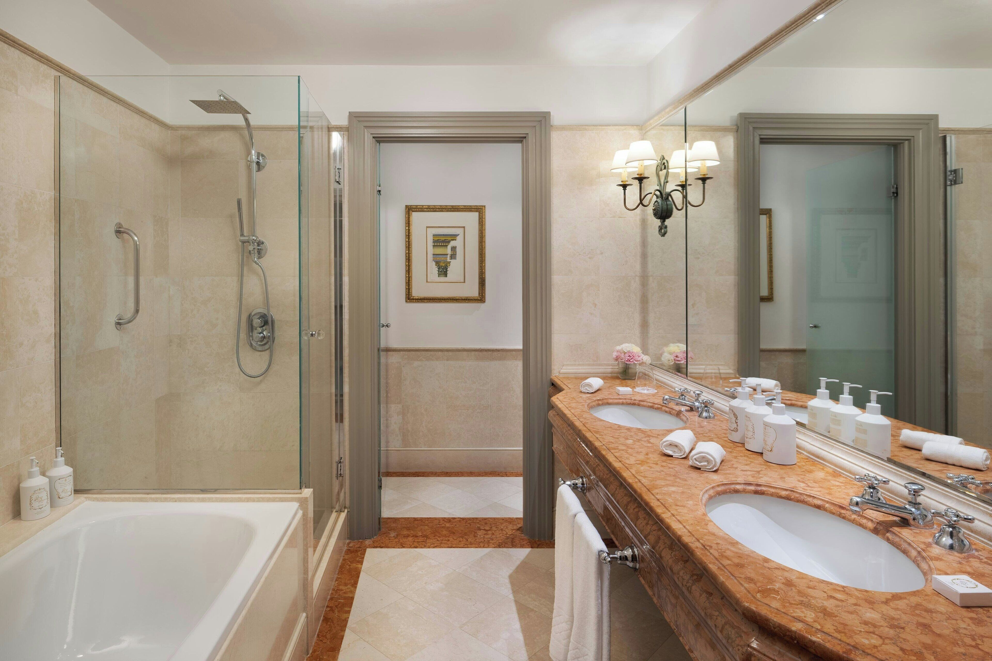 combined shower/bathtub, free toiletries, hair dryer, bathrobes