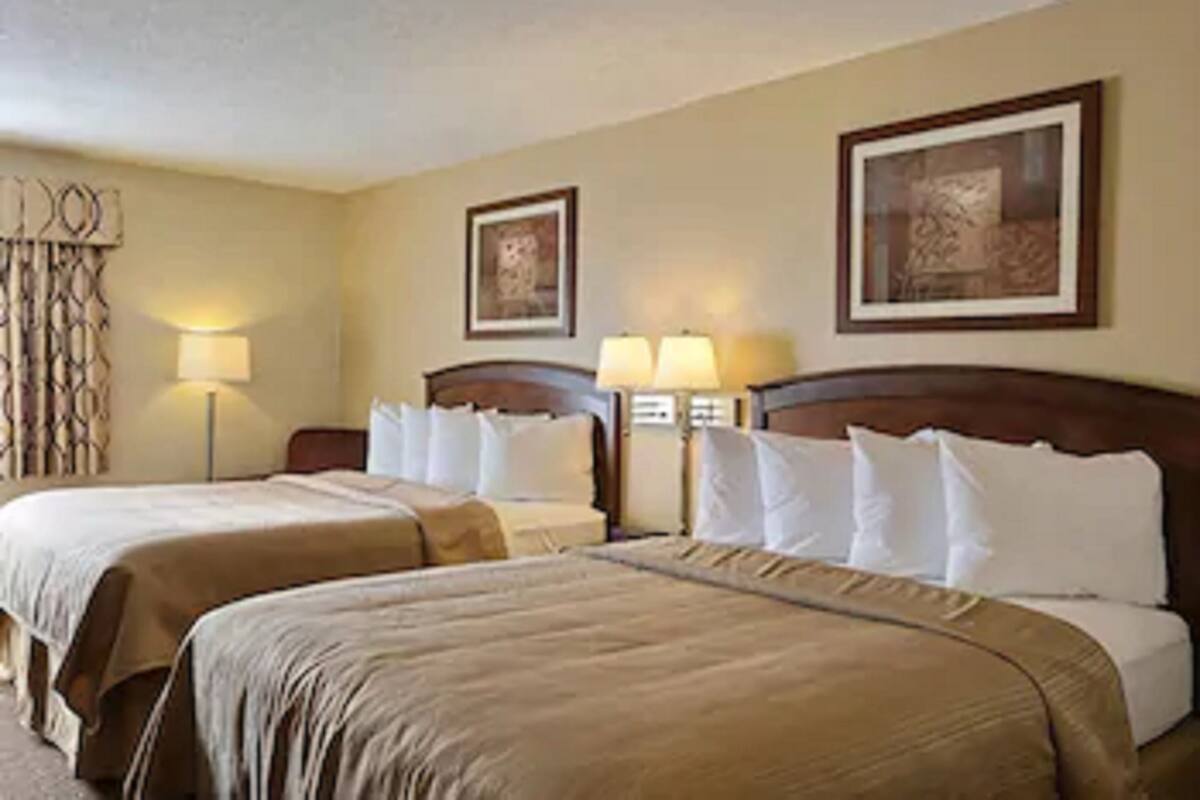 A hotel room with two beds, a nightstand, a lamp, and framed artwork on the wall.