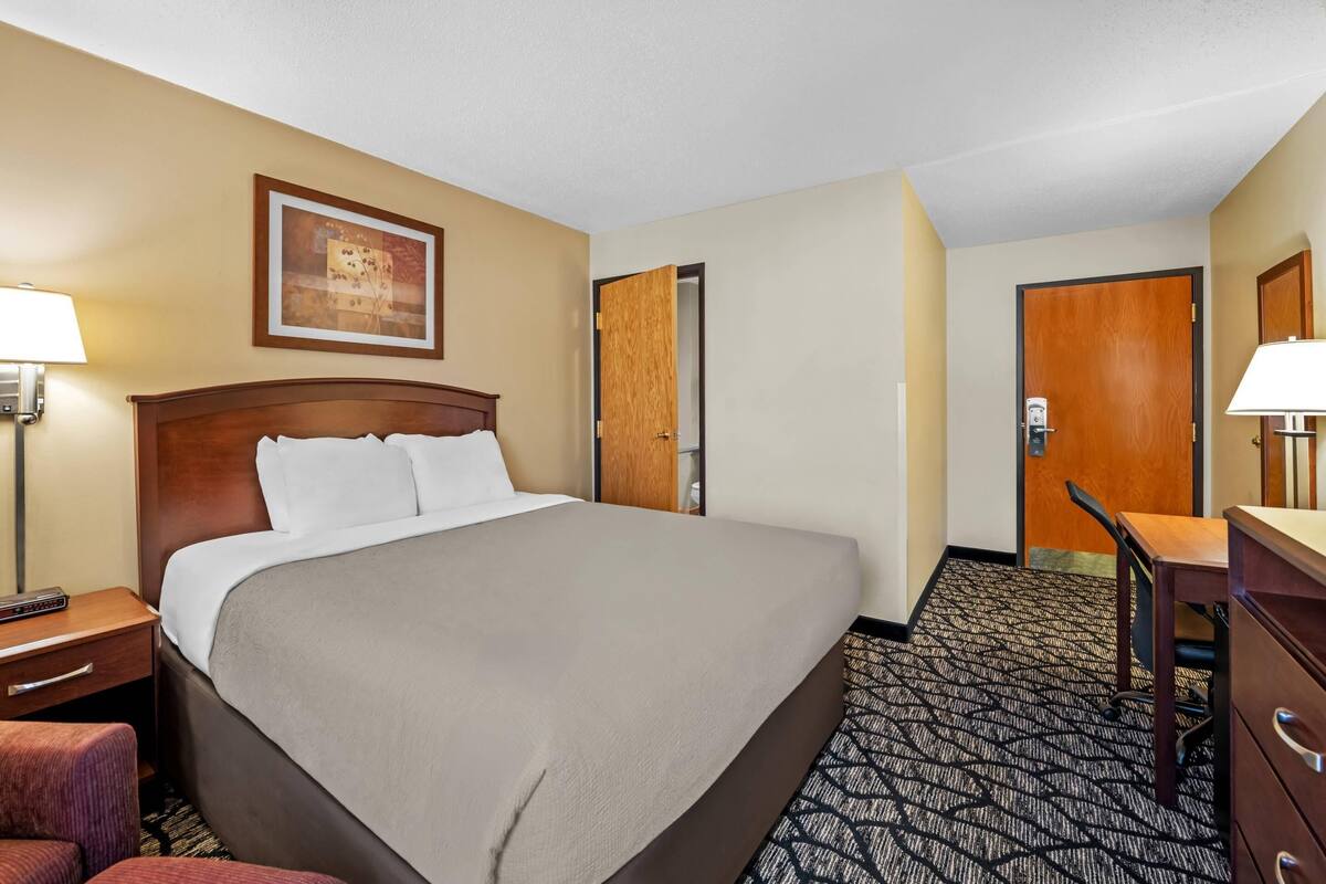 A hotel room with a large bed, a desk, a chair, a lamp, and a framed picture on the wall.