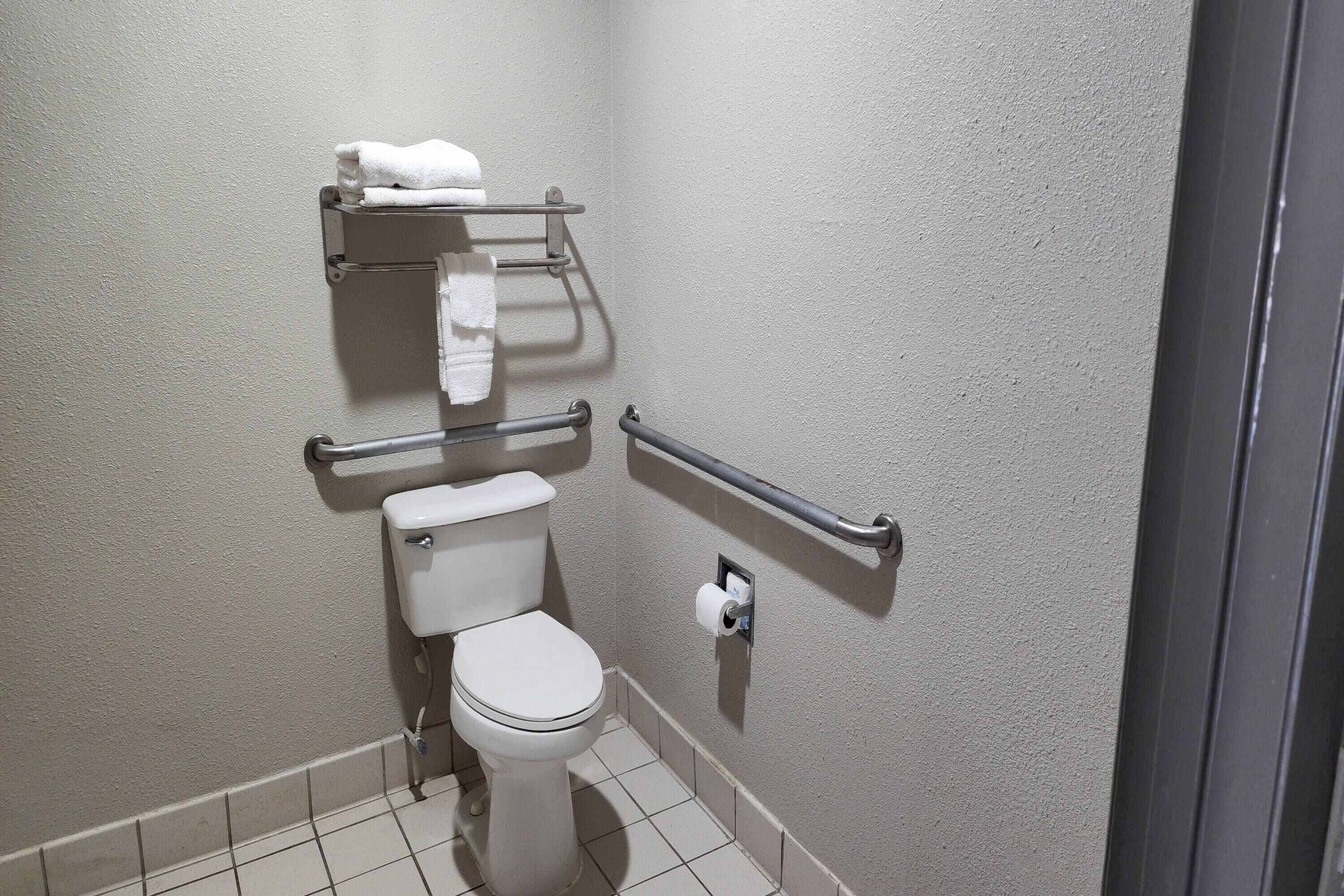 Un baño con inodoro, toallero y baranda.