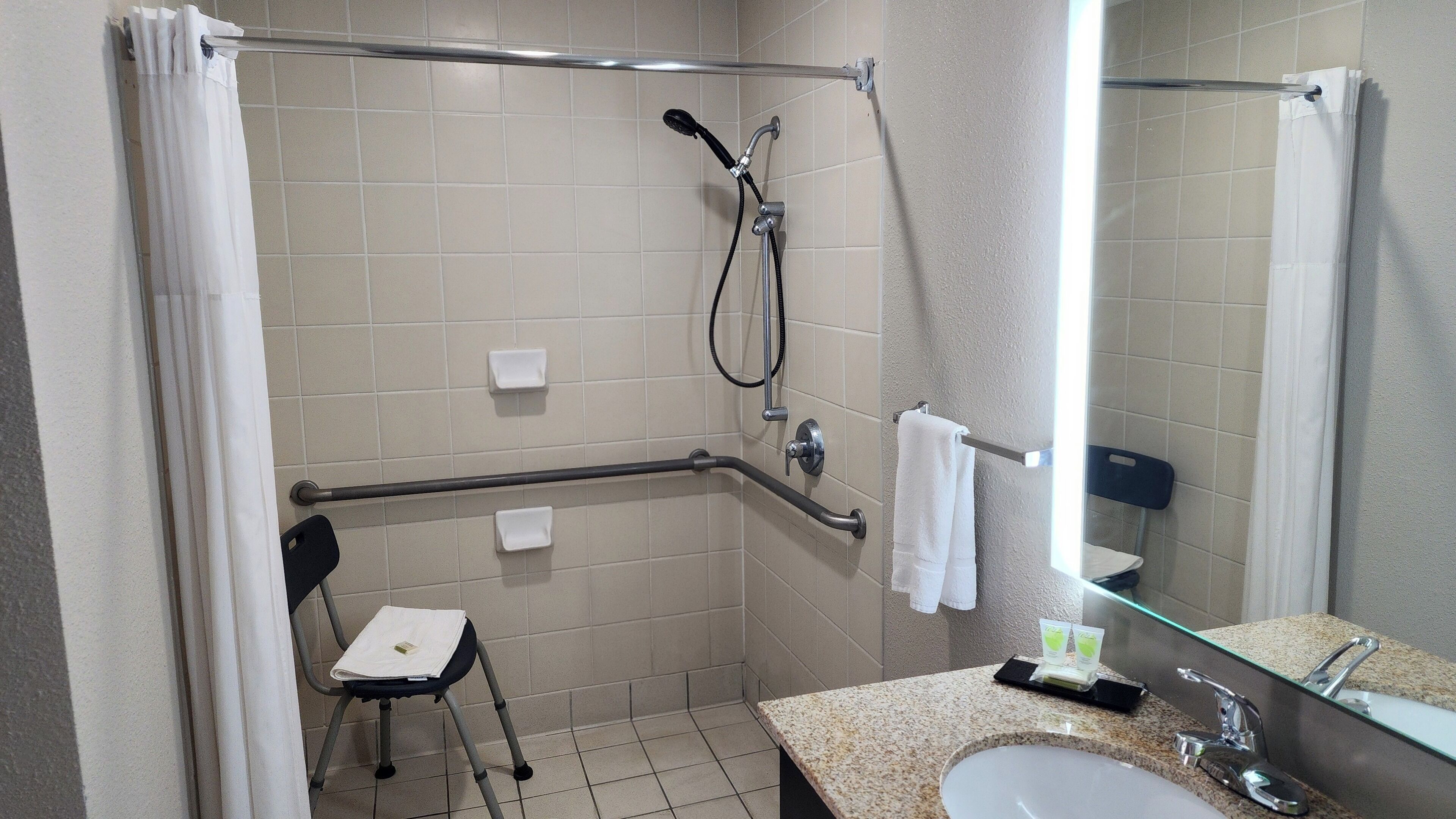 Un bagno dotato di doccia, maniglie di sostegno, un piccolo sgabello e lavandino con specchio.