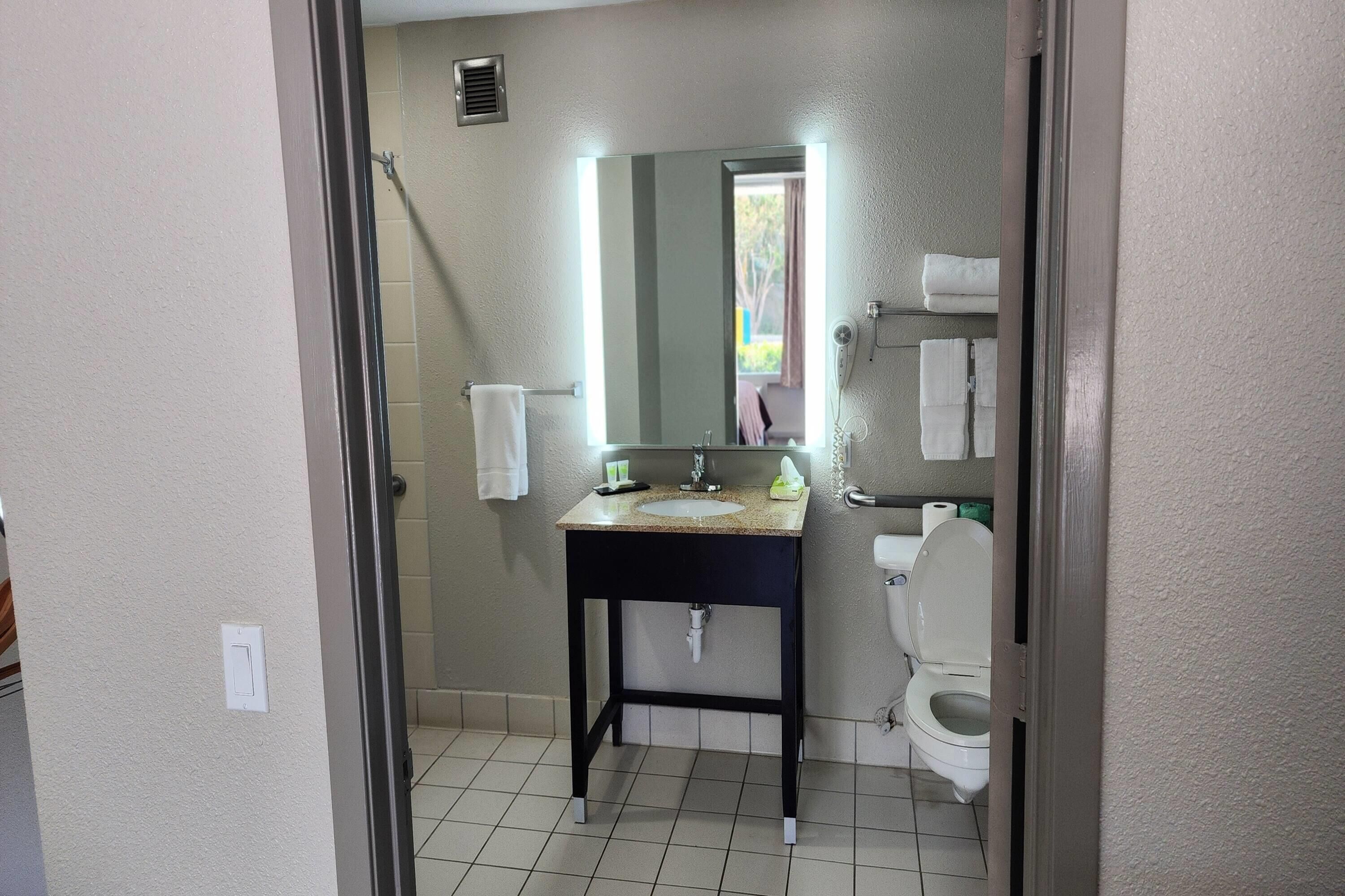 Combined shower/bathtub, free toiletries, hair dryer, towels