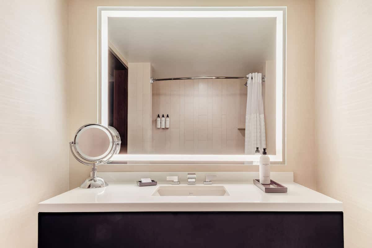 Regadera, amenidades de baño de diseñador, secadora de cabello, toallas