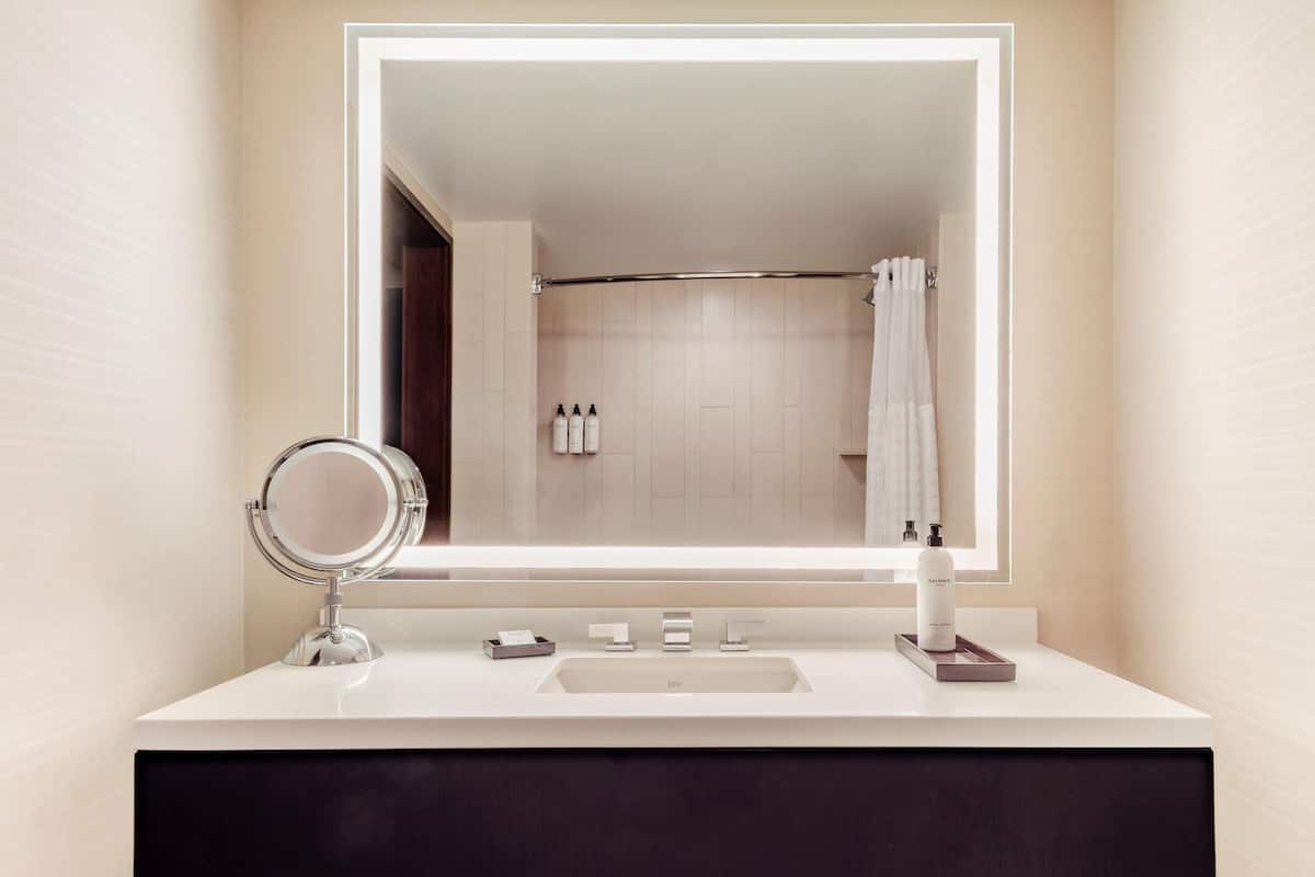 Shower, designer toiletries, hair dryer, towels