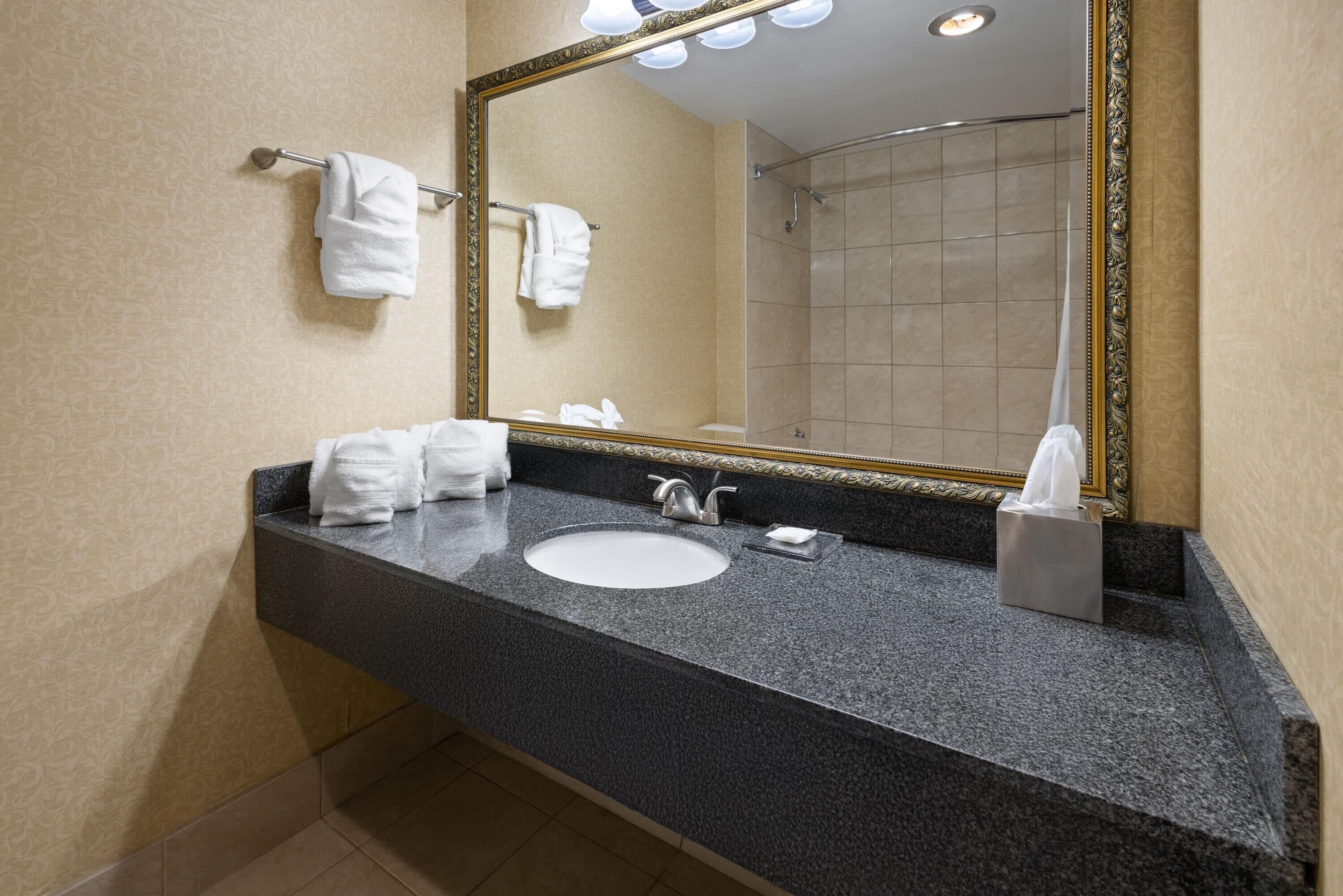 A bathroom with a granite countertop, a white sink, a mirror with a gold frame, and two towels hanging on the wall.
