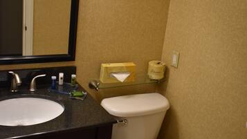 A bathroom with two sinks, a toilet, a mirror, and a tissue box.