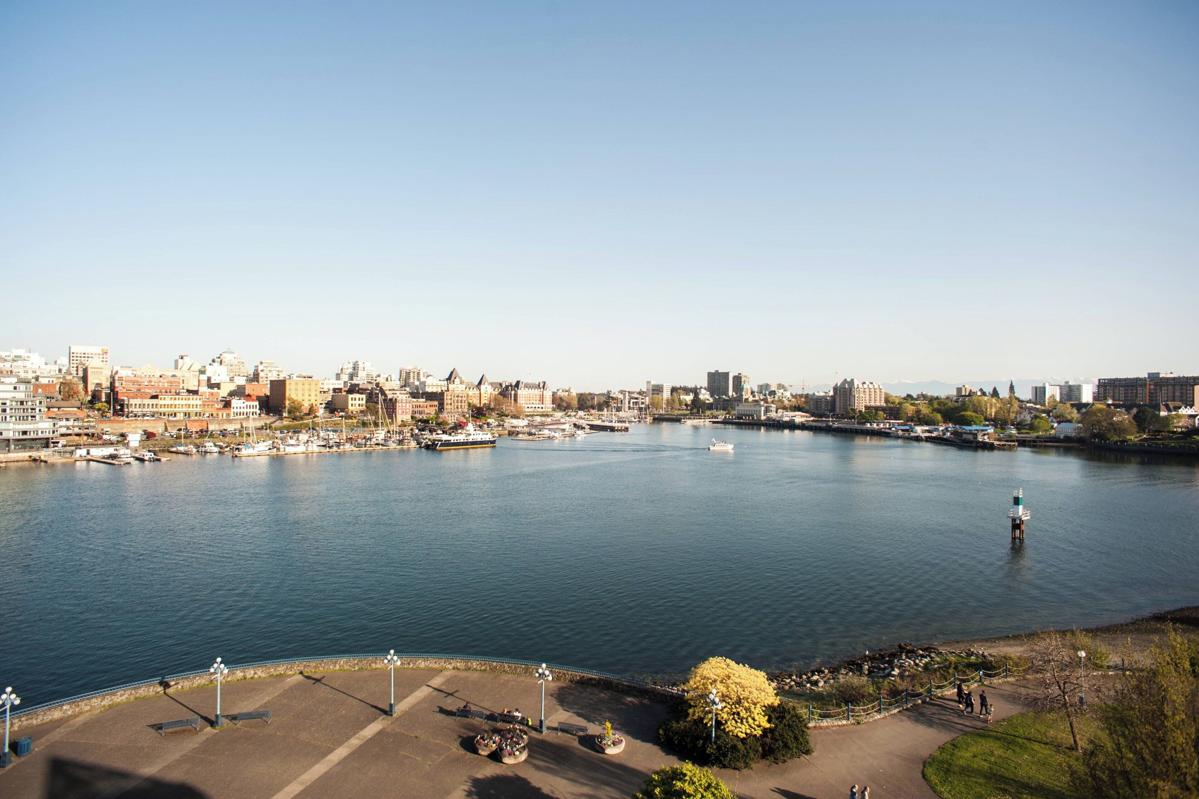 A waterfront cityscape with a marina, buildings, and a lighthouse.