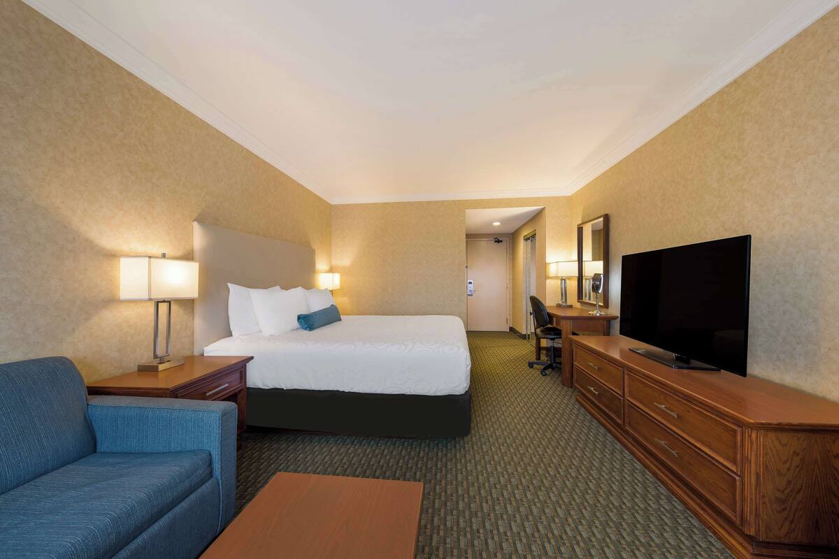 Una habitación de hotel con cama, televisión, escritorio, silla y sofá.