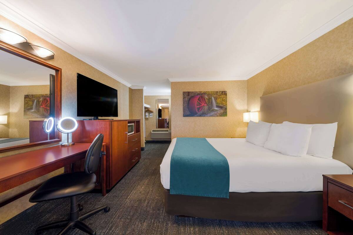 Una habitación de hotel con cama, escritorio con espejo, silla y televisor.