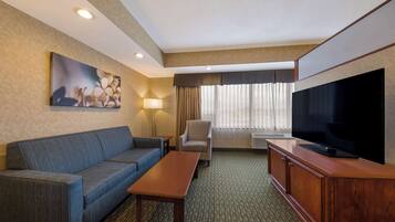 Habitación de hotel con sofá, sillón, televisión y un cuadro en la pared.