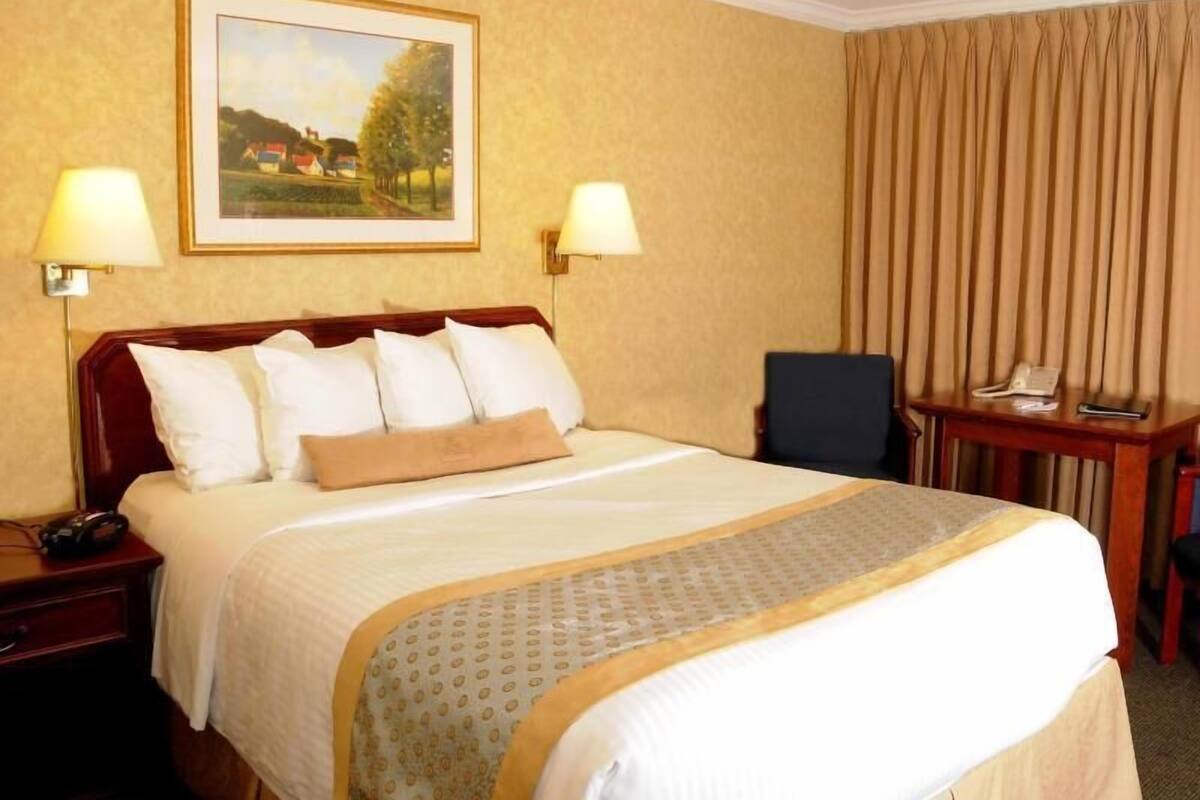 Habitación de hotel con cama, dos lámparas de noche, escritorio con teléfono y un cuadro en la pared.