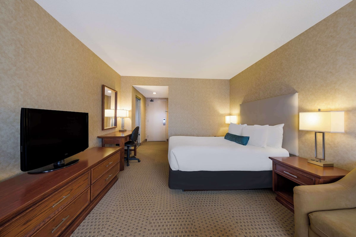 Una habitación de hotel con una cama, televisor, escritorio y una silla.