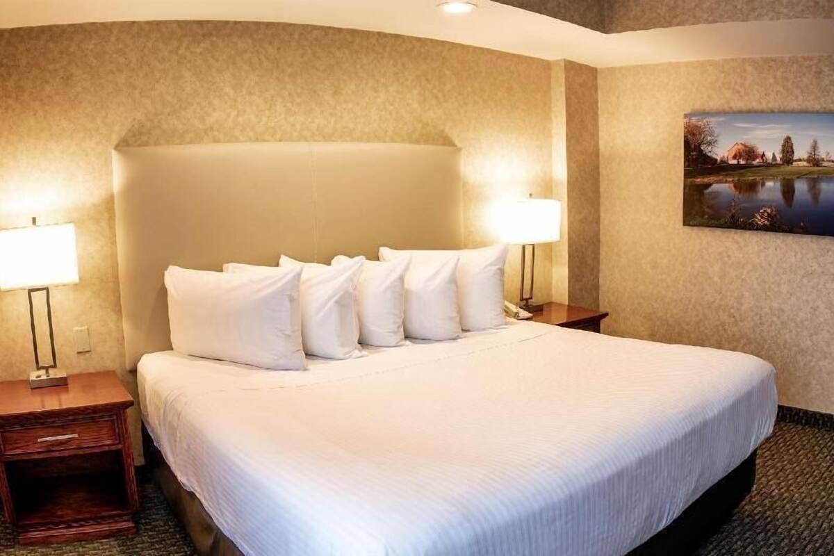 Una habitación de hotel con una cama grande, dos mesitas de noche y una lámpara de pared.