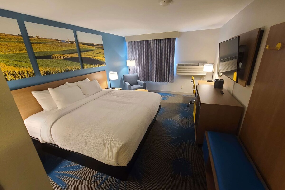 Habitación de hotel con una cama grande, un escritorio, una silla, un televisor y una ventana con cortinas.