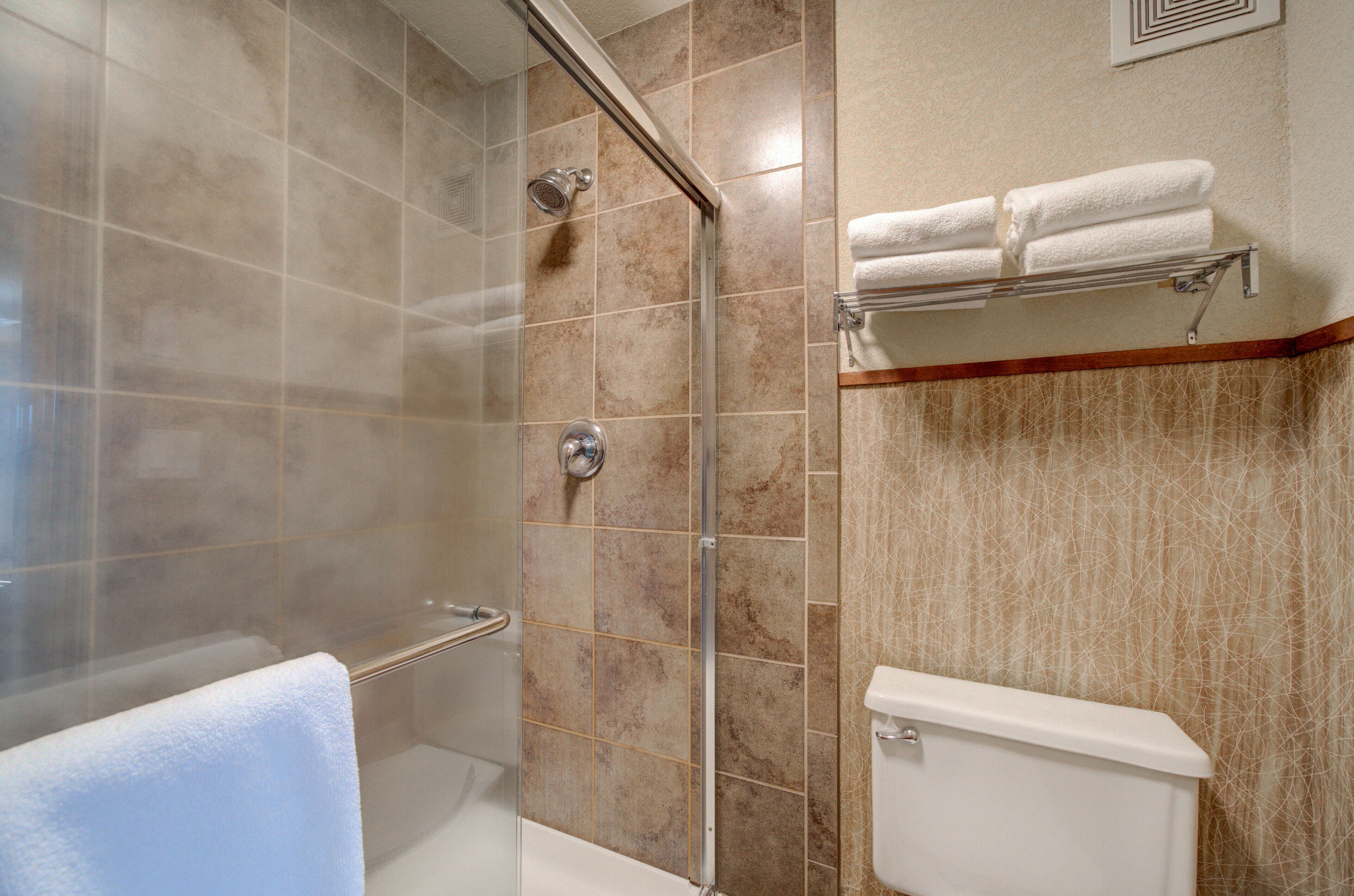 Een badkamer met een douche met glazen wand, een wit toilet en een handdoekrek met opgevouwen handdoeken.