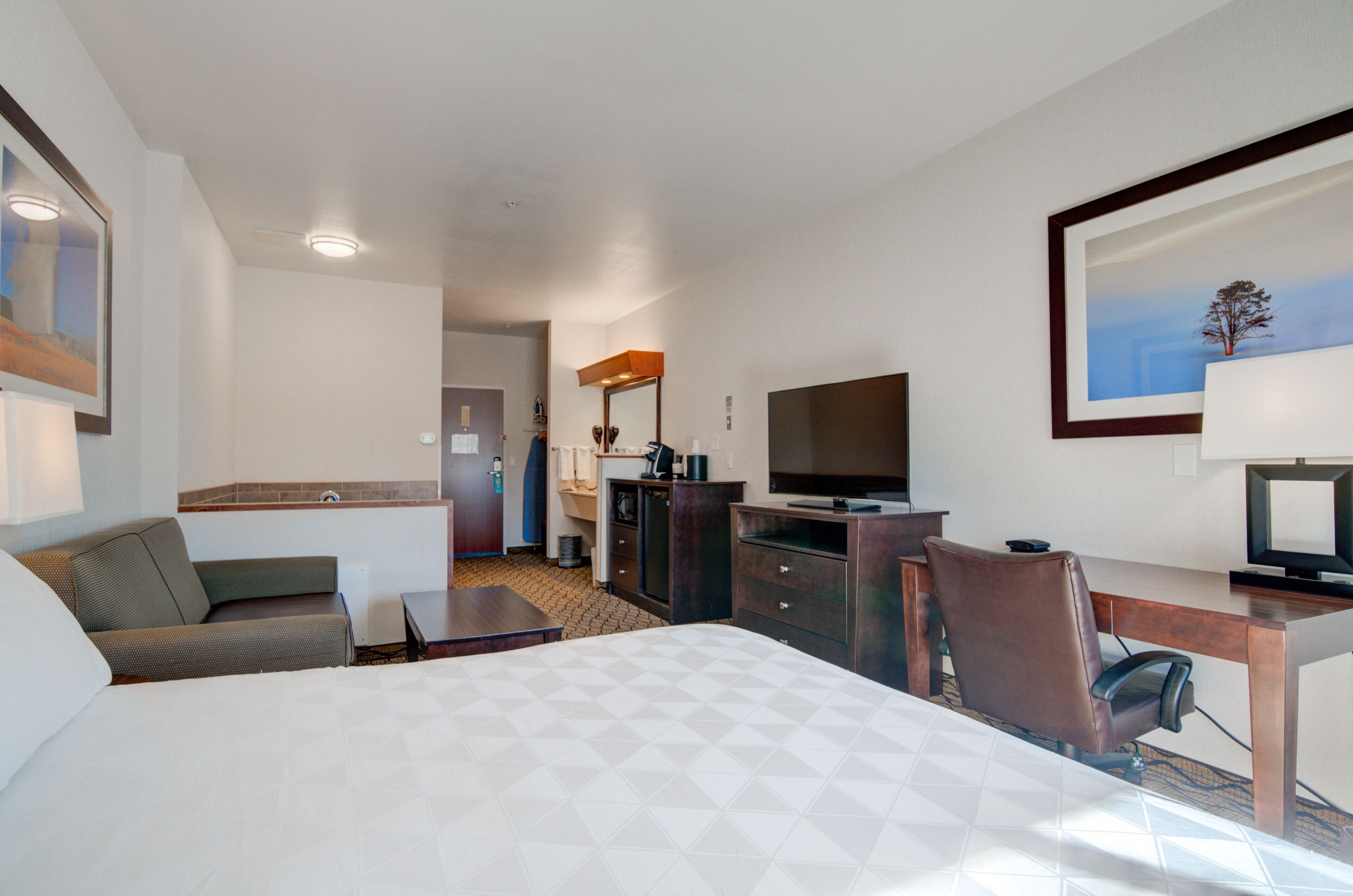 Habitación de hotel con una cama grande, un escritorio con silla, televisor y un cuadro en la pared.