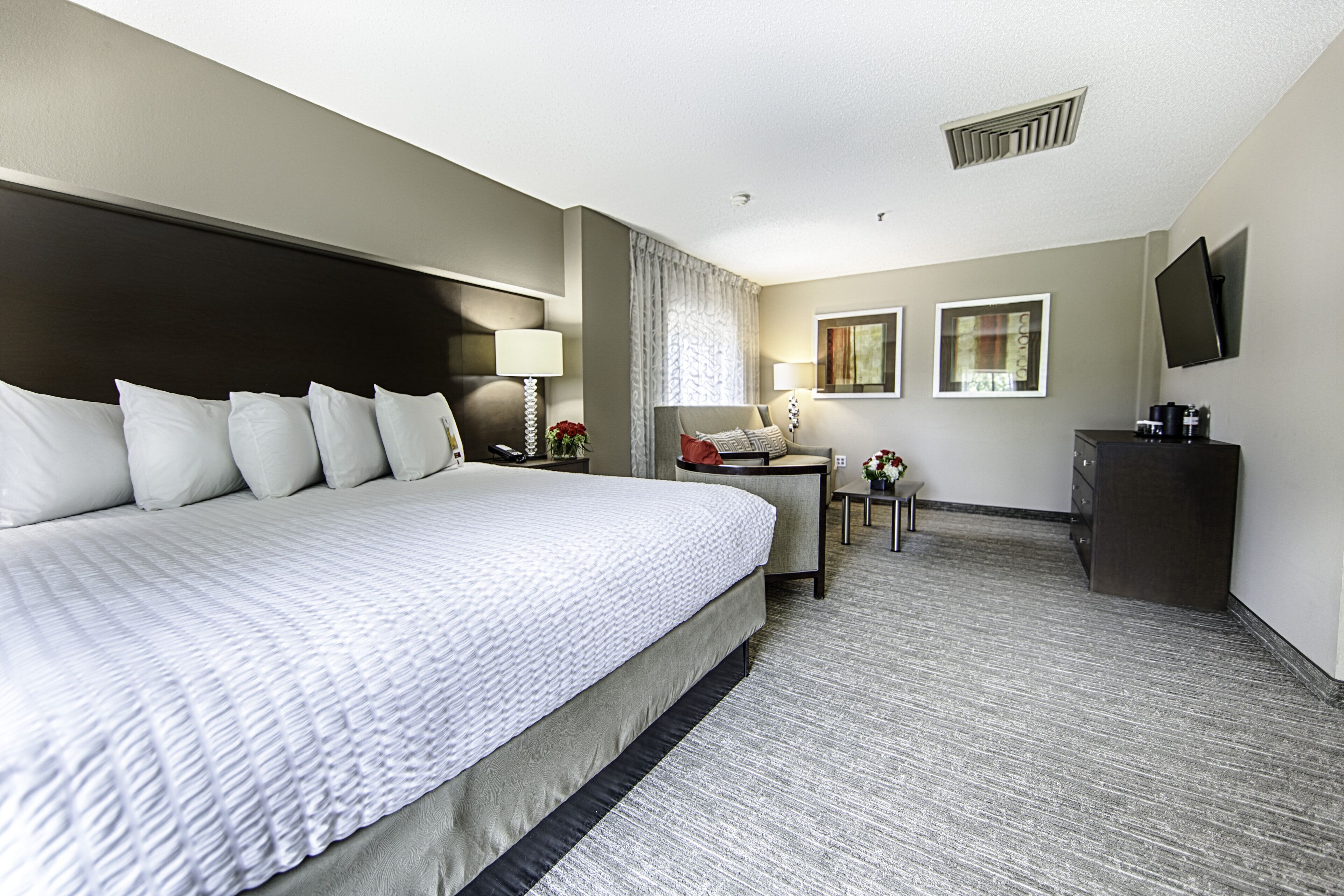 premium bedding, desk, laptop workspace, blackout curtains