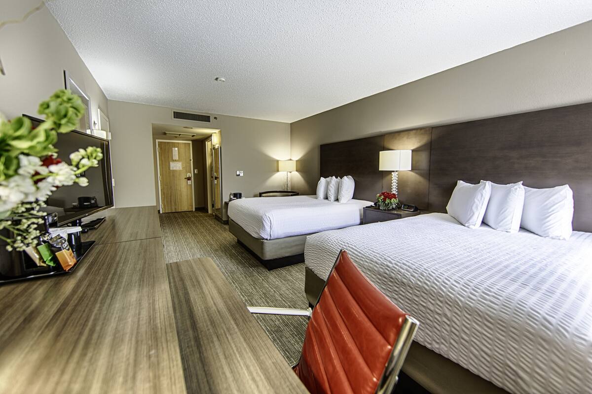 Premium bedding, desk, laptop workspace, blackout drapes