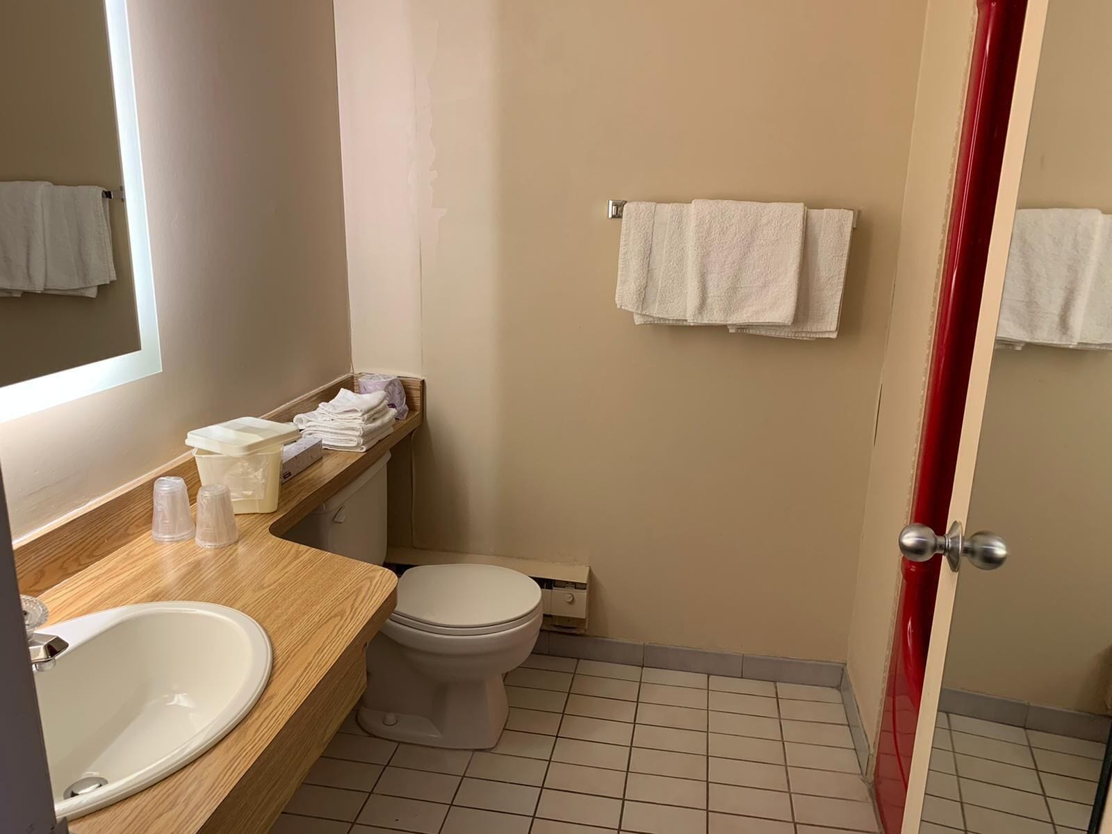 Une salle de bain avec un meuble-lavabo en bois, un lavabo blanc, des toilettes et une porte rouge.