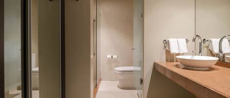 A modern bathroom with a glass shower enclosure, a white sink, and a toilet.