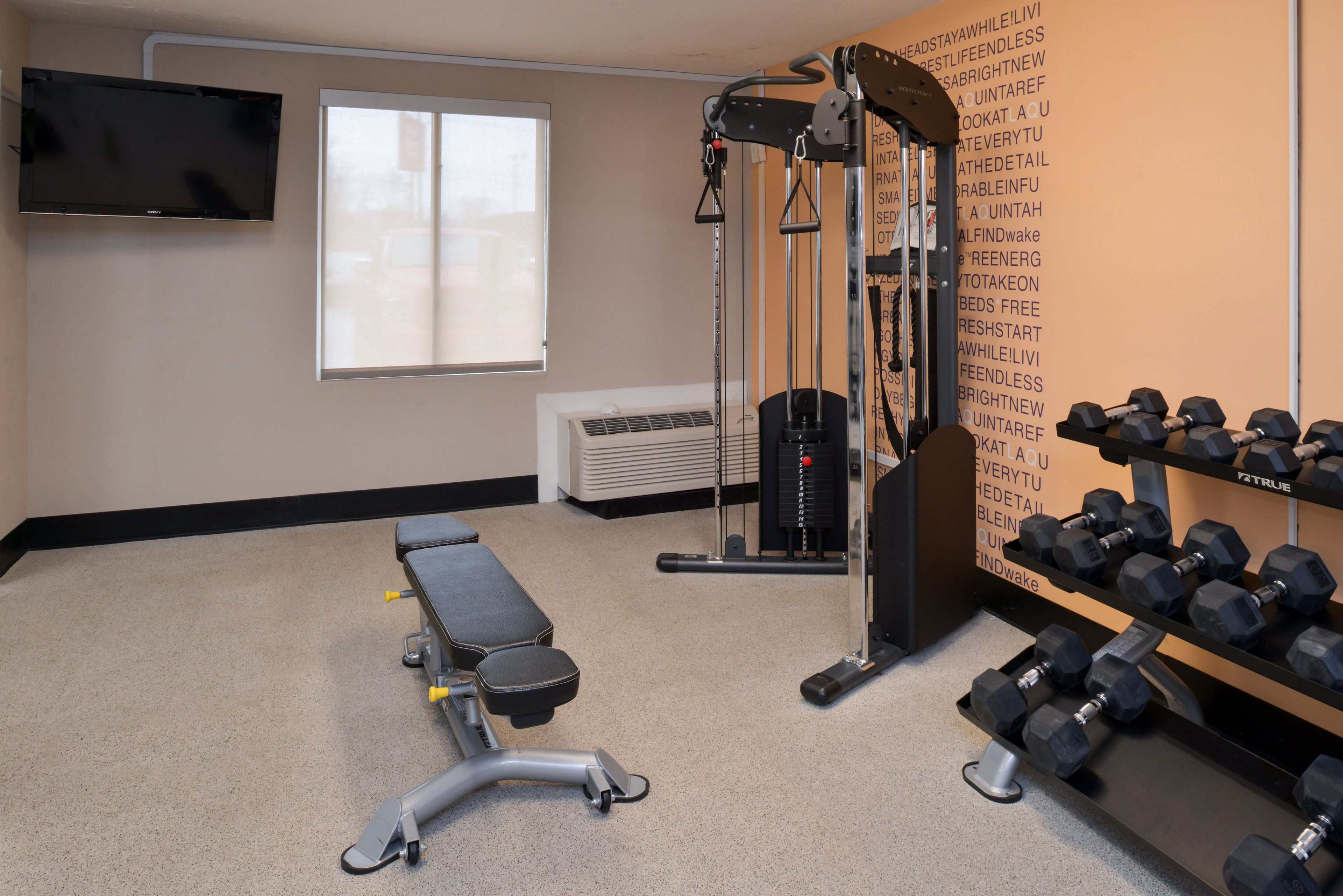 Une salle de sport équipée d’un téléviseur fixé au mur, d’un banc, d’un appareil à câbles et d’un porte-haltères.