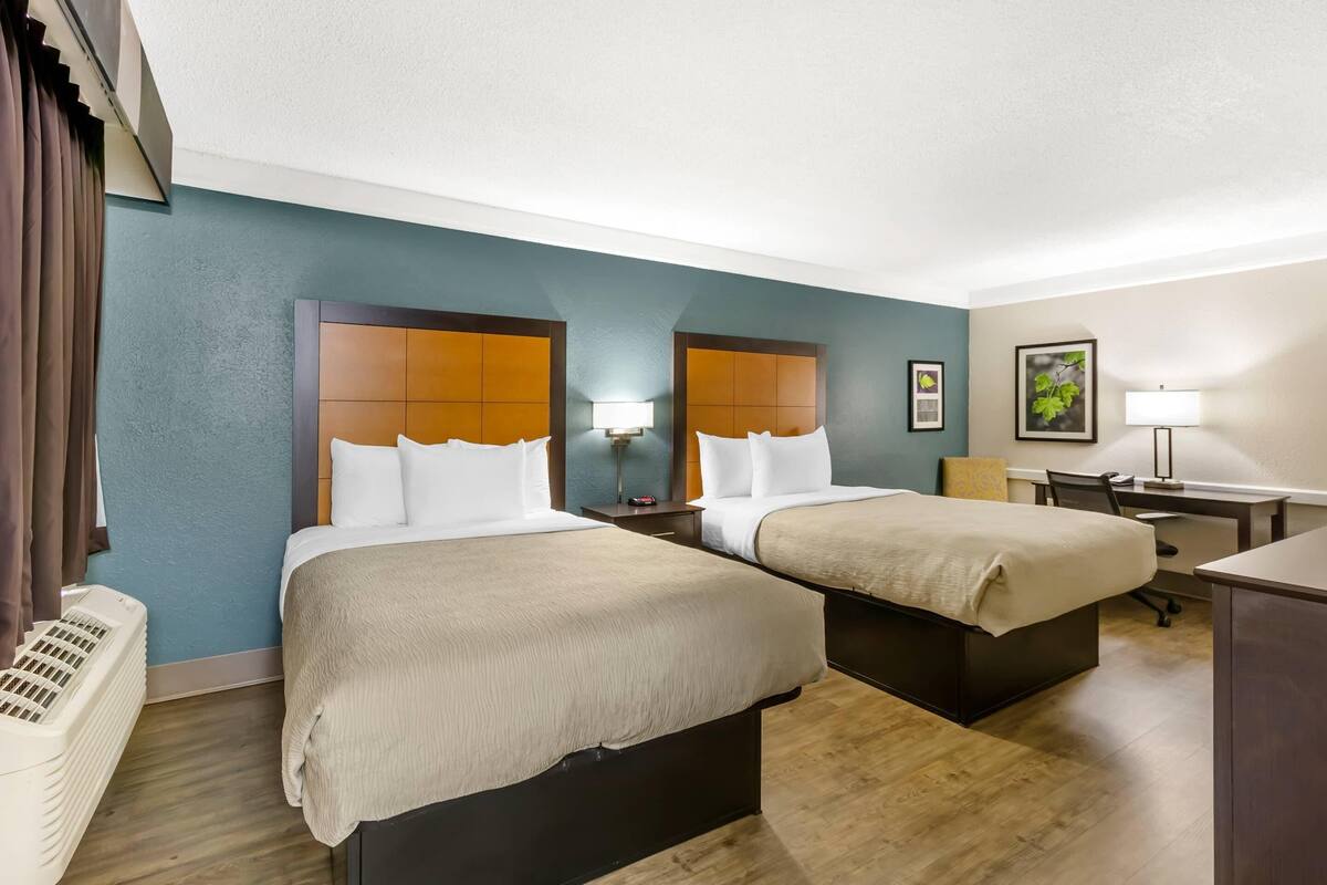 Standard Room, 2 Double Beds, Non Smoking | Premium bedding, desk, laptop workspace, iron/ironing board