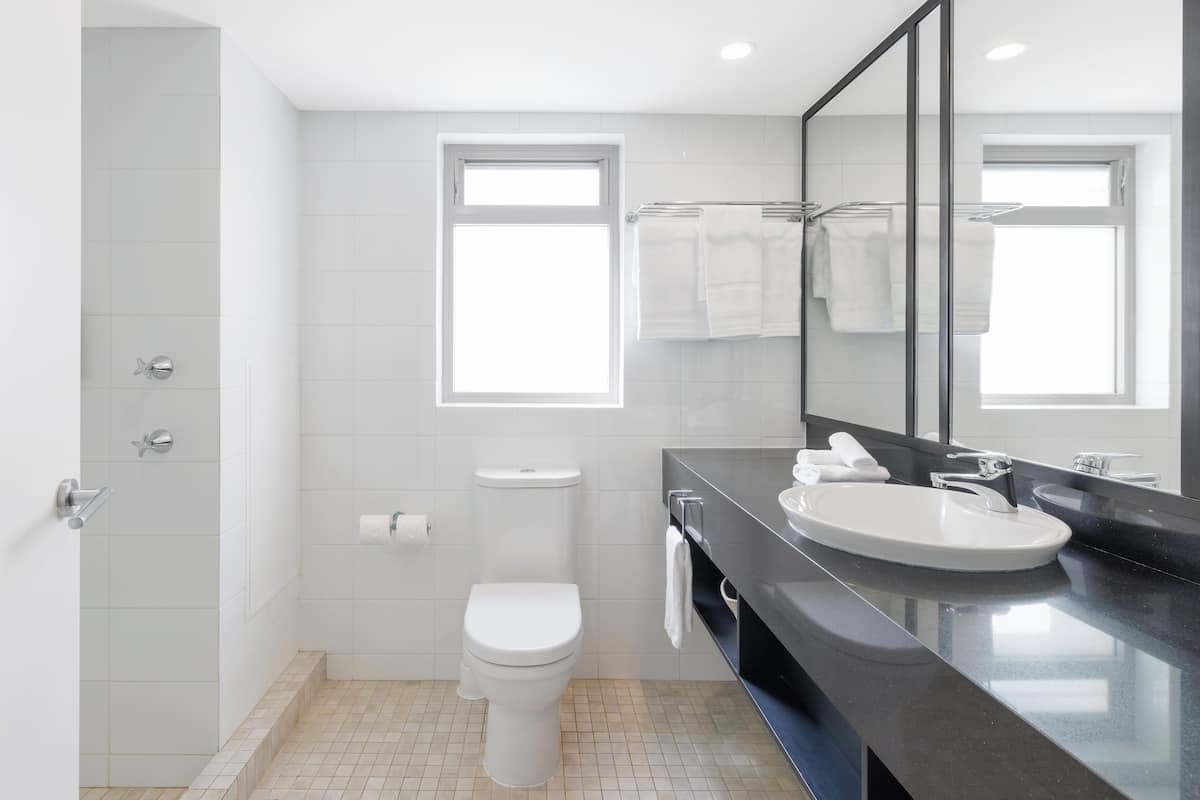 deluxe studio | bathroom | shower, hair dryer, towels, soap