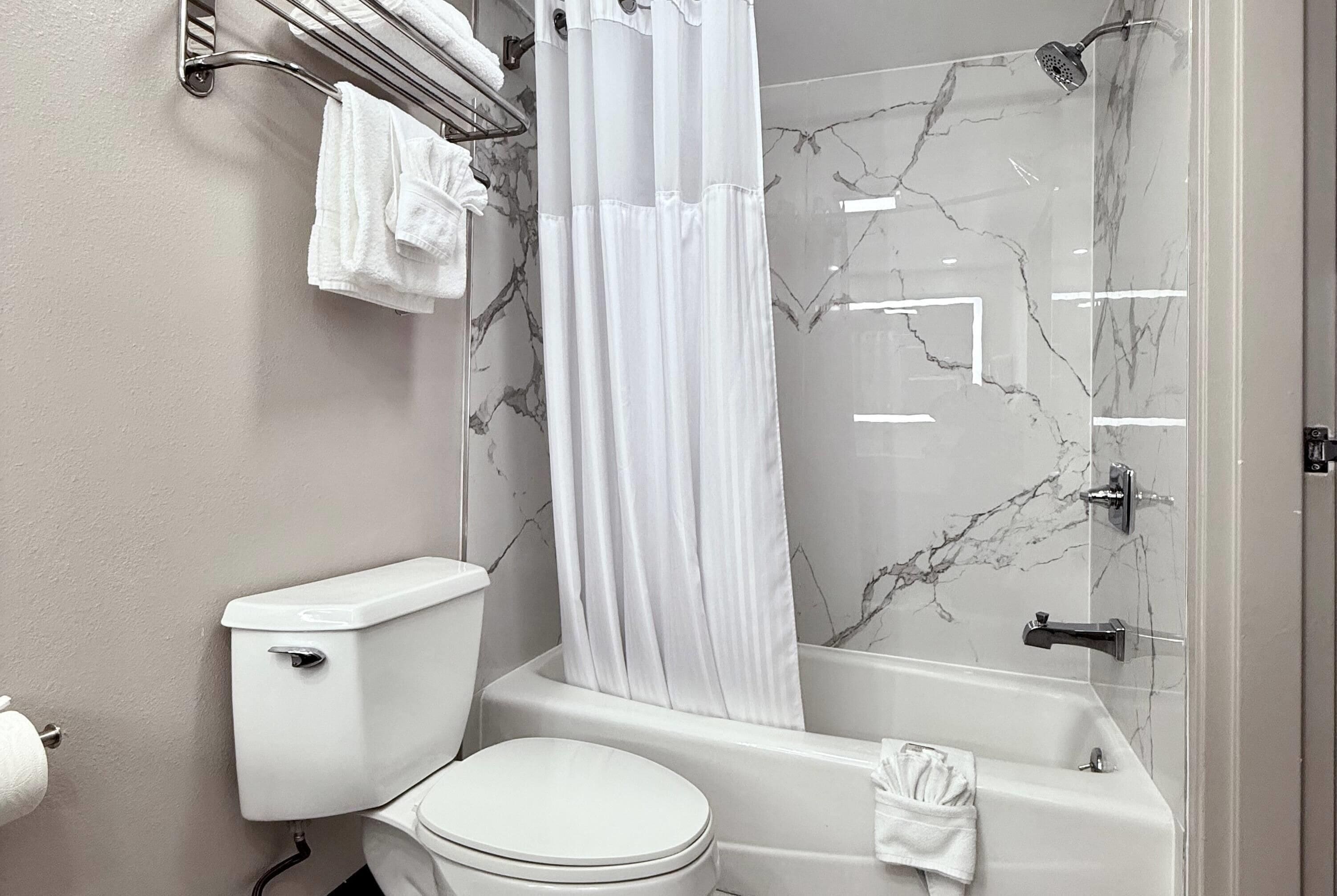 A bathroom with a toilet, bathtub, and shower curtain.