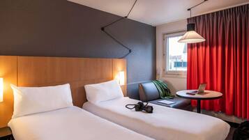 Premium bedding, desk, blackout curtains, soundproofing