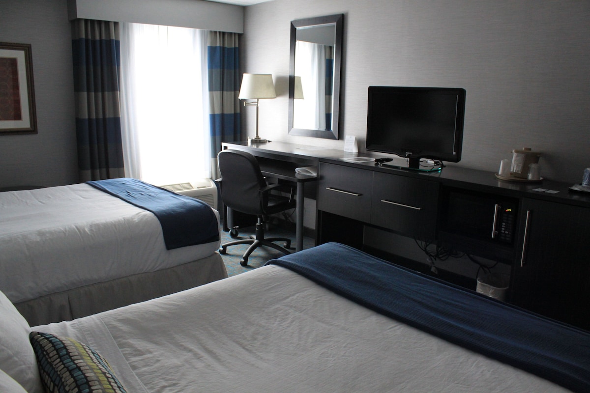 Habitación de hotel con dos camas, un escritorio, una silla, un televisor y un espejo.