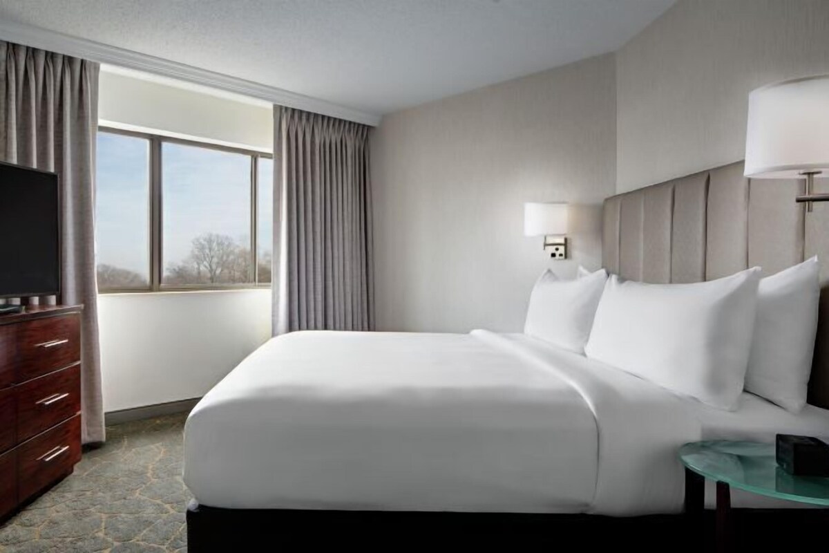 A hotel room with a large bed, a TV, a bedside table, a lamp, and a window with curtains.