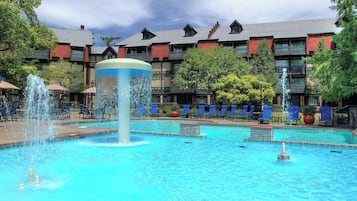 Seasonal outdoor pool, pool umbrellas, pool loungers