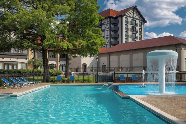 Seasonal outdoor pool, pool umbrellas, pool loungers