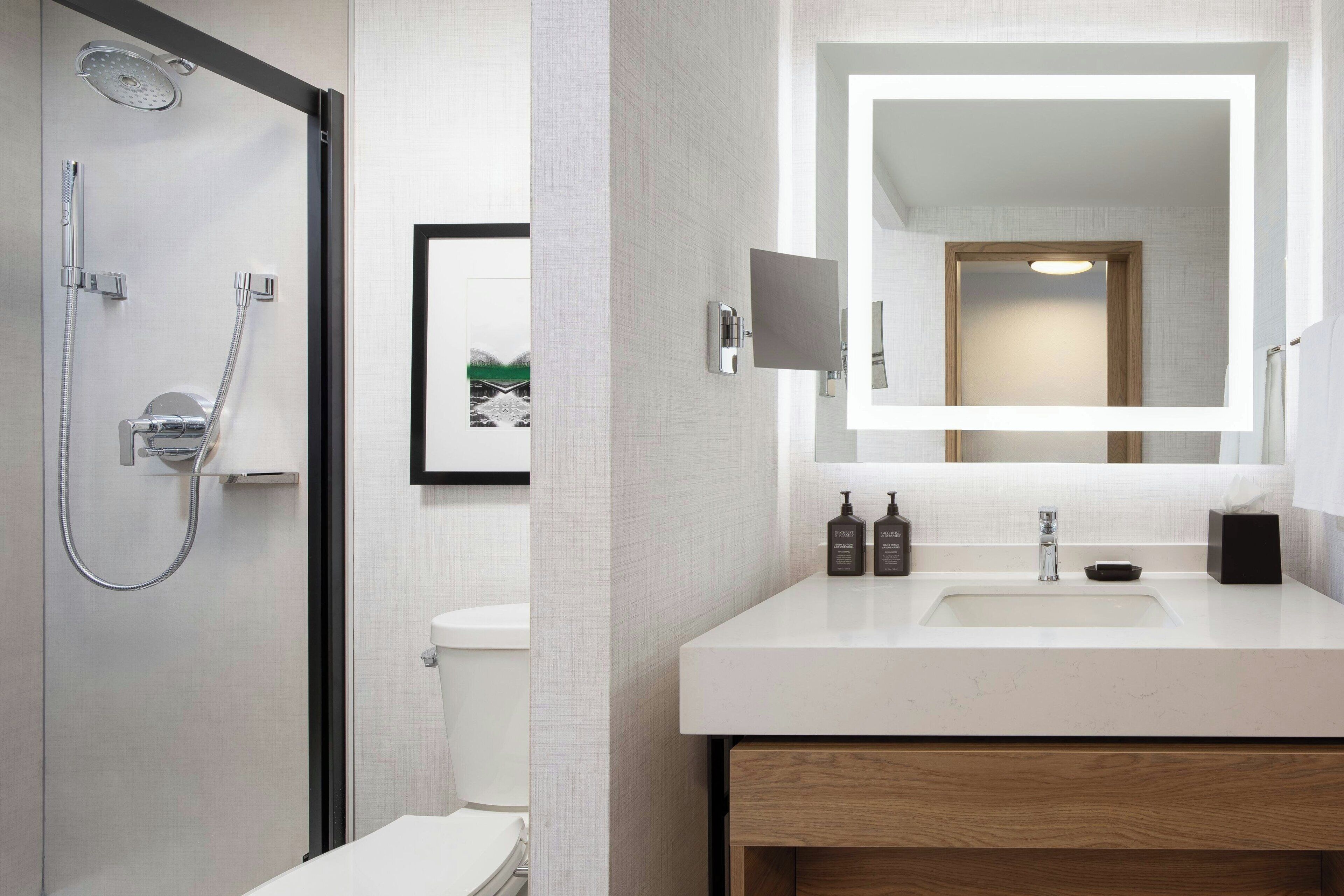 A modern bathroom with a shower, toilet, and a vanity with a mirror and sink.